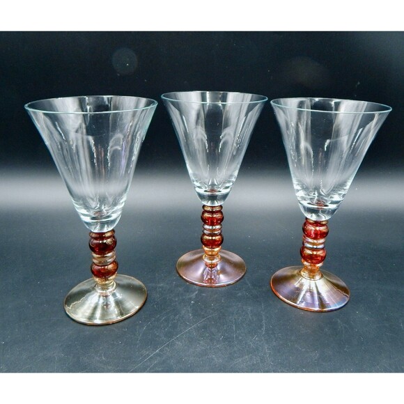 Handblown Wine Water Glasses Goblets Red Amber Beaded Stems 8 Inch - Picture 3 of 6